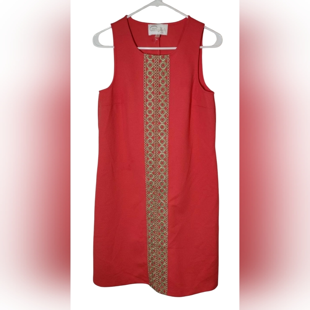 Pappagallo Gold-Crochet-Trim Coral-Tone Sleeveless Shift Midi Dress‎ S NWOT